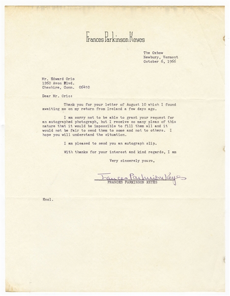Frances Parkinson Keyes Signed Letter