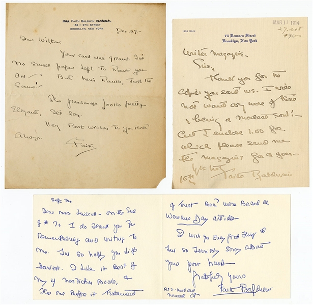 Lot of 3 Faith Baldwin Handwritten and Signed Letters