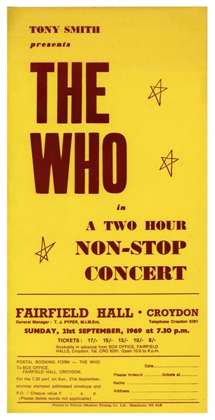 The Who 1969 Fairfield Halls Croydon Handbill (UK