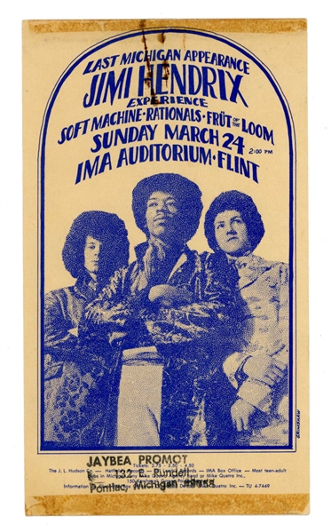 Jimi Hendrix Experience Original 1968 Flint Michigan Concert Handbill Flyer