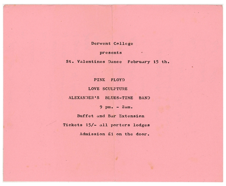Pink Floyd 1969 Derwent College, York University Concert Flyer