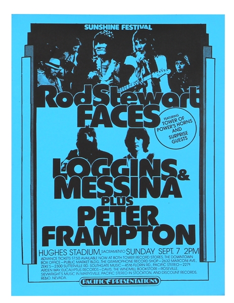 Faces featuring Rod Stewart, Peter Frampton and More at Hughes Stadium in Sacramento, CA in 1975 Concert Poster