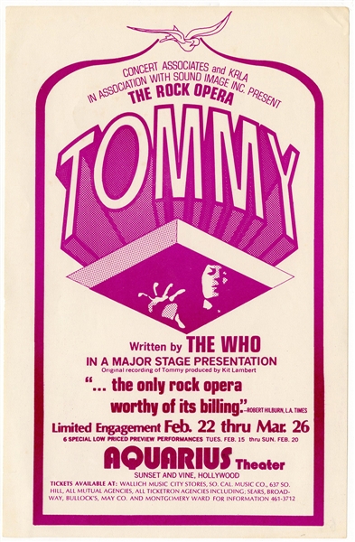 The Who "Tommy Rock Opera" Original Aquarius Theater Concert Handbill