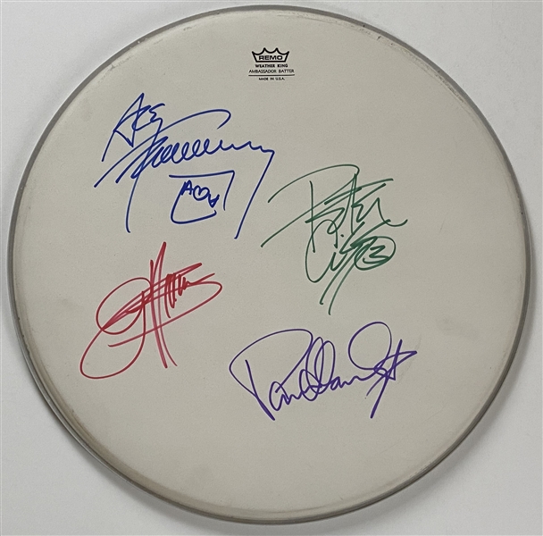 KISS Autograph Farewell Tour 18" Drum Head Signed in Band Members Colors Gene Simmons Ace Frehley Paul Stanley Peter Criss