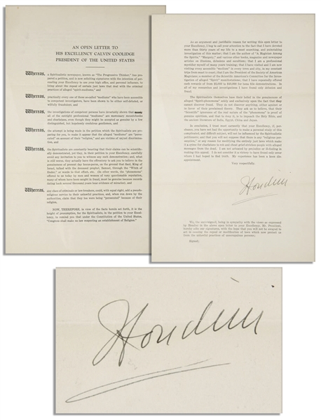 Harry Houdini Typed Letter Signed an Open Letter to President Coolidge Restricting Spiritualists (PSA)