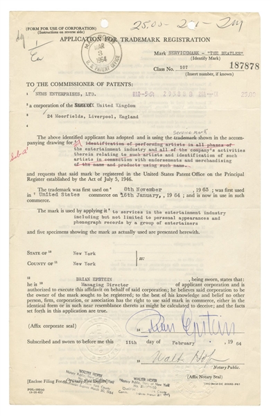 Brian Epstein 5X Signed Original 1964 & 1965 Beatles Trademark Application Archive Caiazzo