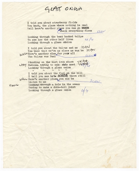 "Glass Onion" Studio Used Lyric Sheet with John Lennon Handwriting and Ringo Starr Annotations (Caiazzo)