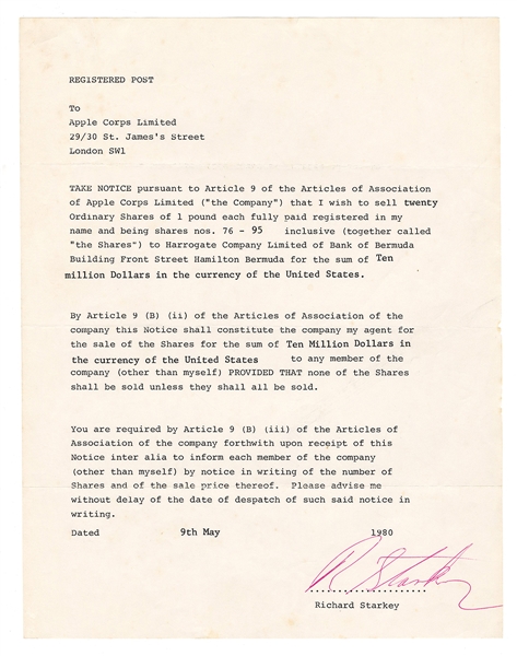 Richard Starkey (Ringo Starr) Signed Letter to Apple Corps Ltd. for Sale of Stock (Caiazzo)