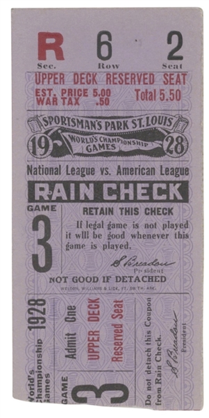 1928 NY Yankees vs. St. Louis Cardinals World Series Game 3 Ticket – Lou Gehrig 2 HRs