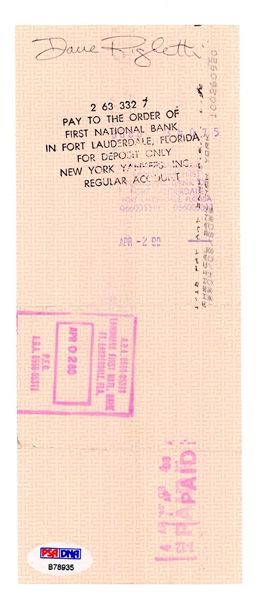 Dave Righetti Signed 1980 New York Yankees Payroll Check (PSA/DNA)