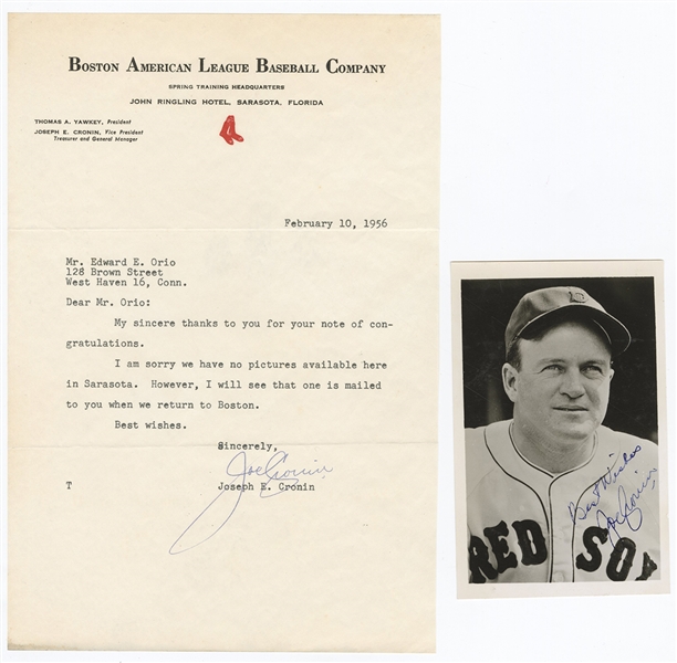 Joe Cronin Signed Photograph and Boston Red Sox Letter (1956)