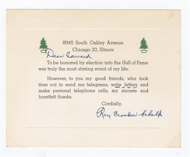 Ray Schalk Signed Hall of Fame Induction Thank You Card 