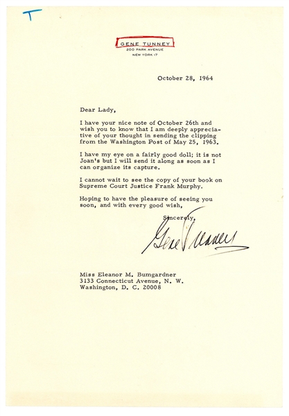 Gene Tunney Signed Letter