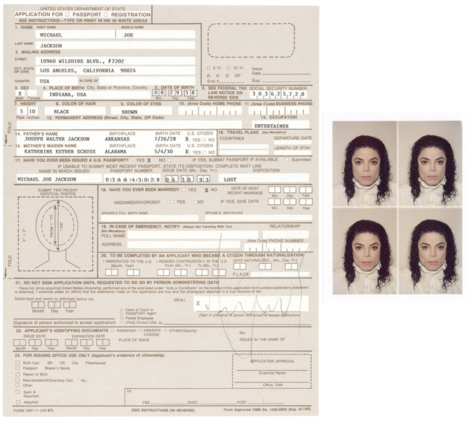 Michael Jackson Signed Original Last Passport Application with Passport Photos (REAL)