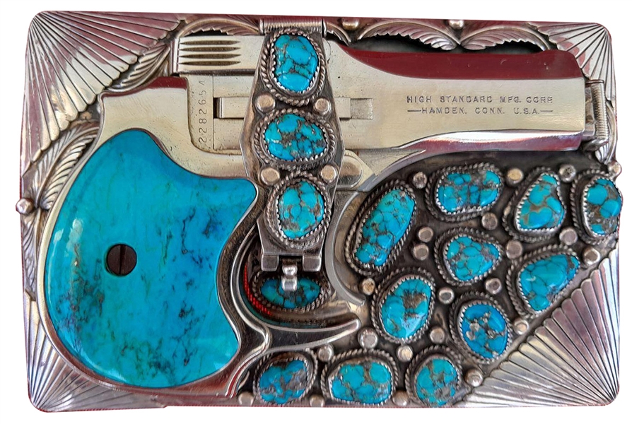 Elvis Presley Owned & Worn Turquoise and Silver Incredible Hidden 22 Caliber Gun Belt Buckle