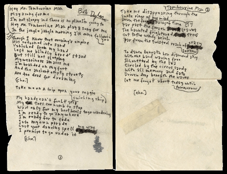 Bob Dylan Historic Handwritten & Signed Original "Mr. Tambourine Man" Working Lyrics (JSA)