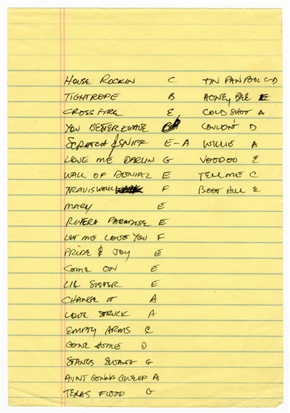 Steve Ray Vaughan Circa 1988 Handwritten Setlist with Song Chords