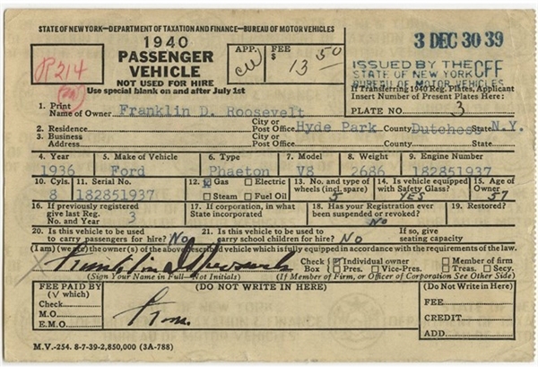 Lot Detail - Franklin Roosevelt Registration Document Twice Signed as ...