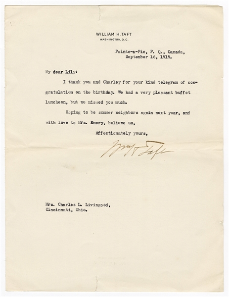 Lot Detail President William Howard Taft 1919 Signed Typed Letter 