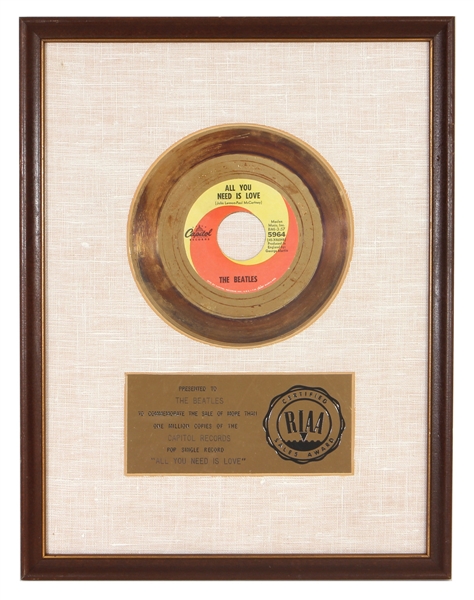 The Beatles "All You Need Is Love" Original RIAA White Matte Gold Record Award Presented to The Beatles