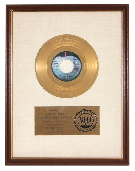 John Ono Lennon "Instant Karma" Original RIAA White Matte Gold Record Award Presented to John Ono Lennon