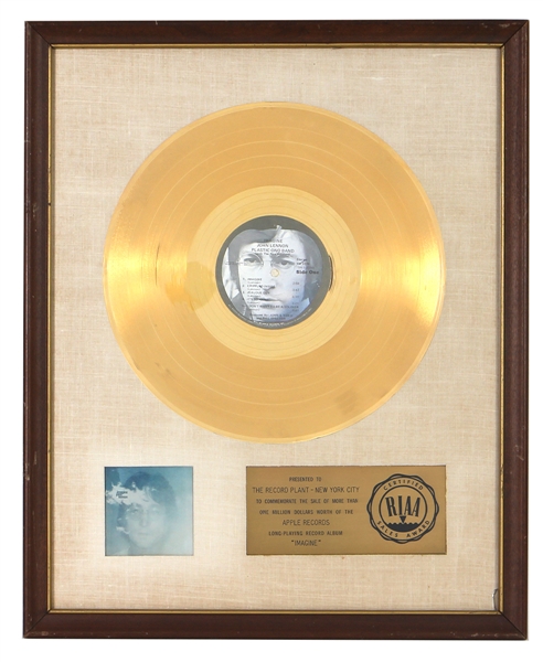 John Lennon/Plastic Ono Band "Imagine" Original RIAA White Matte Gold Record Album Award Presented to The Record Plant
