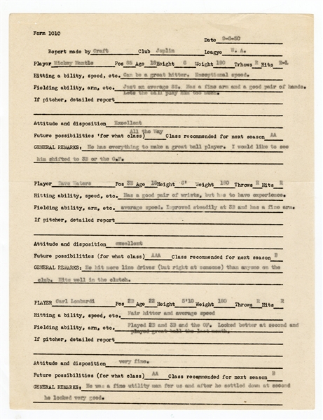 Mickey Mantle Historic 1950 Original Joplin Miners Scouting Report