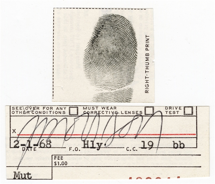 Jim Morrison Signed DMV License Document with Right Thumb Fingerprint (JSA)