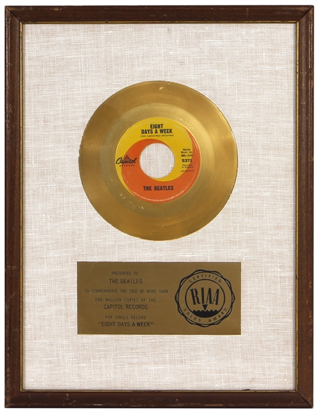 The Beatles “Eight Days A Week” Original RIAA White Matte 45 Gold Record Award Presented to The Beatles