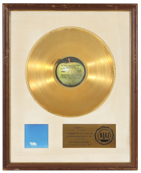 John Lennon “Live Peace In Toronto” Original RIAA White Matte Gold Record Album Award Presented to John Ono Lennon
