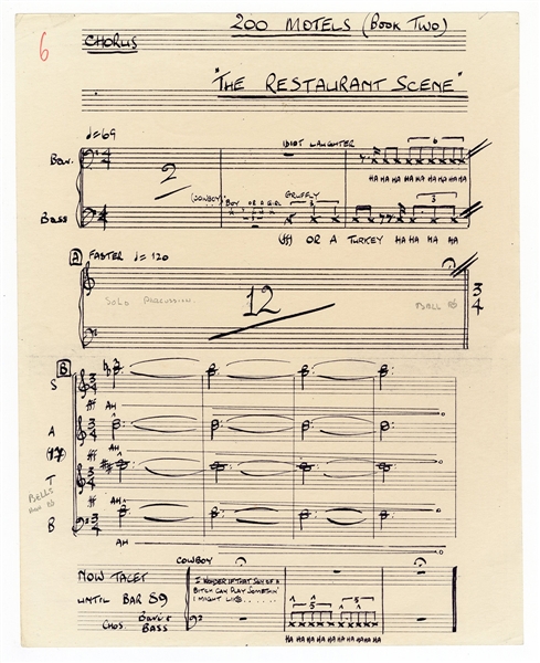 Frank Zappa Handwritten Original "200 Motels"/"The Restaurant Scene" Score