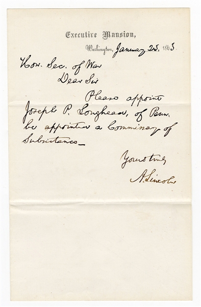 Abraham Lincoln Handwritten & Signed Letter on Executive Mansion Stationery (JSA) 