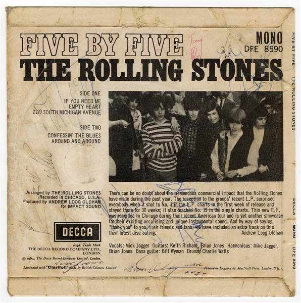 The Rolling Stones Band Signed “Five by Five” EP Record with Brian Jones (REAL)