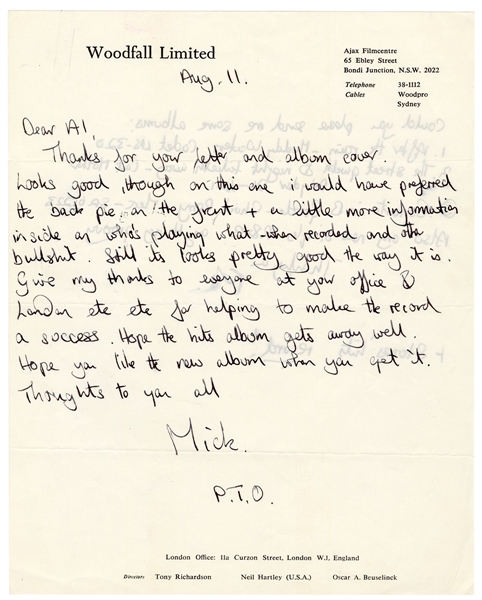 The Rolling Stones Mick Jagger Handwritten & Signed Letter About Rolling Stones “Hits” Album Cover Artwork! (REAL)