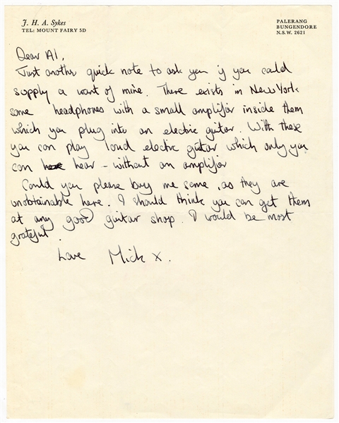 Mick Jagger Vintage Handwritten and Signed Asking for Guitar Gear (REAL)