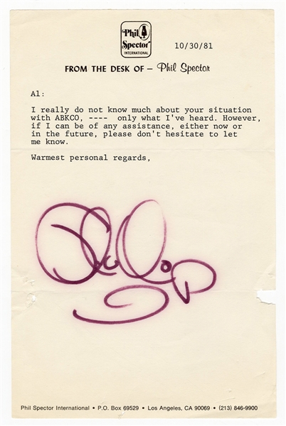 Phil Spector Typed Signed Letter
