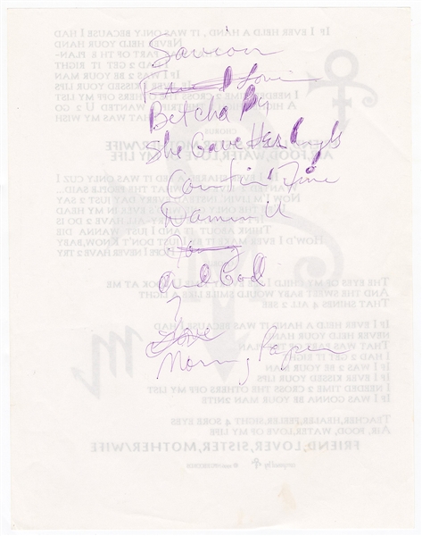Prince Handwritten Working Set List for Wedding Reception 1996 (REAL)
