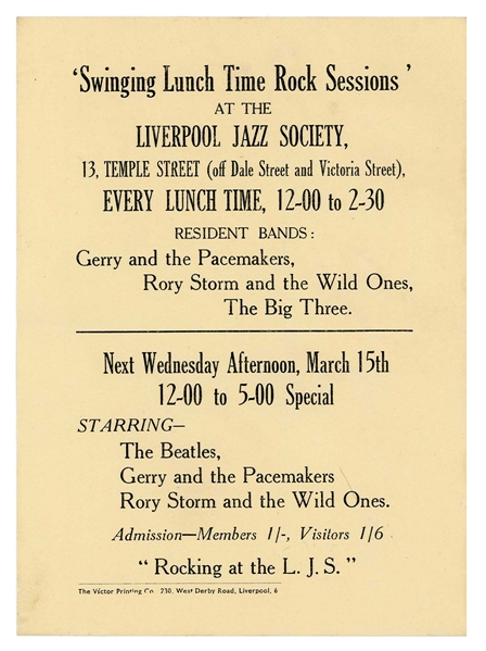 The Beatles 1961 Swinging Lunch Time Sessions Handbill Bob Wooler Collection