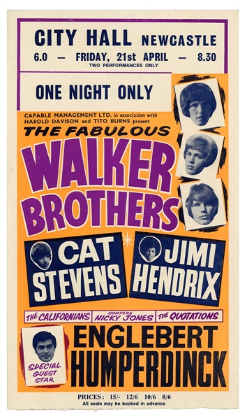 The Jimi Hendrix Experience Walker Brothers 1967 City Hall Newcastle Handbill And Ticket Stub