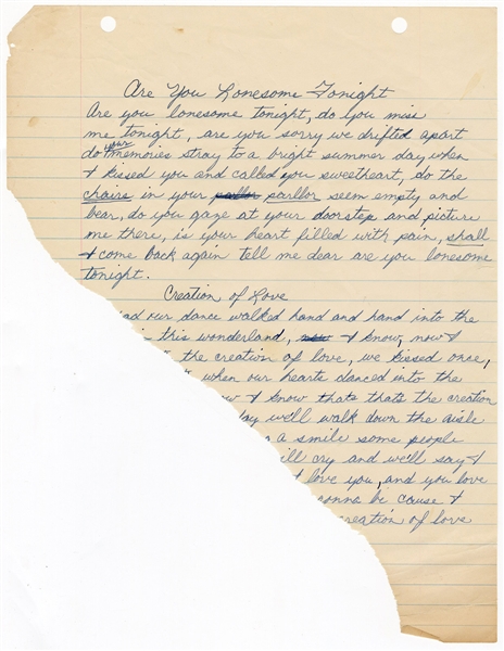 Elvis Presley "Are You Lonesome Tonight" Handwritten Lyrics, Hand-Annotated Song List, Personally Owned Song Lyrics
