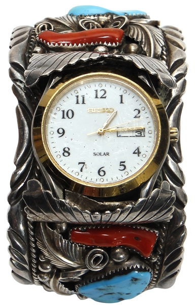 Elvis Presley Owned & Stage Worn Native-American Sterling Silver, Turquoise and Coral Cuff Bracelet Watch