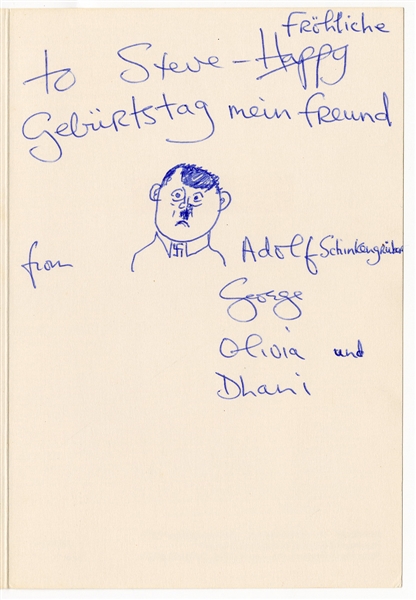 The Beatles George Harrison Handwritten & Signed Greeting Card with Surprising Nazi-Related References Including Adolf Hitler Sketch Done by George Harrison (REAL)