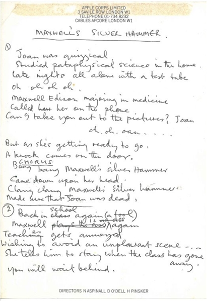 The Beatles Paul McCartney Handwritten Lyrics to “Maxwell’s Silver Hammer” Used in Iconic “Get Back” Sessions (Caiazzo, JSA & REAL)