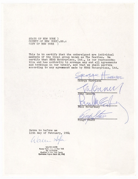 The Beatles 1st U.S.Tour Contract Signed Two Days After Historic 1964 Appearance on Ed Sullvian Show (Caiazzo)