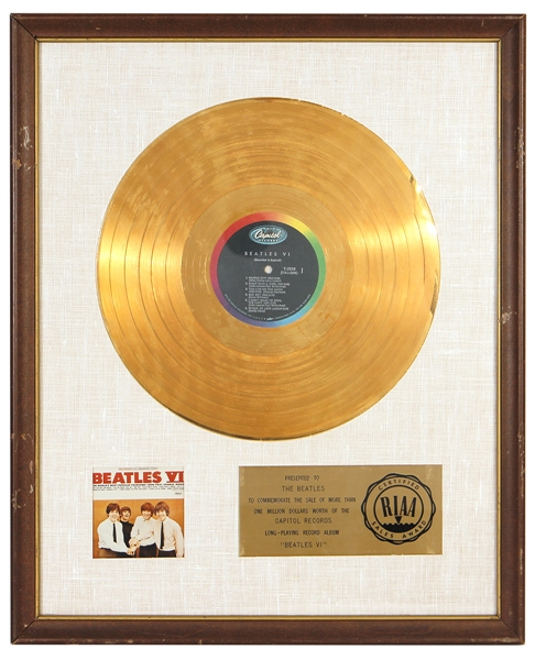 The Beatles “Beatles VI” RIAA White Matte Gold Album Award Presented to The Beatles