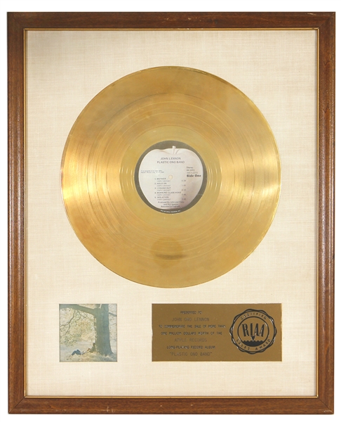 John Lennon “Plastic Ono Band” Gold RIAA White Matte Album Award Presented to John Ono Lennon