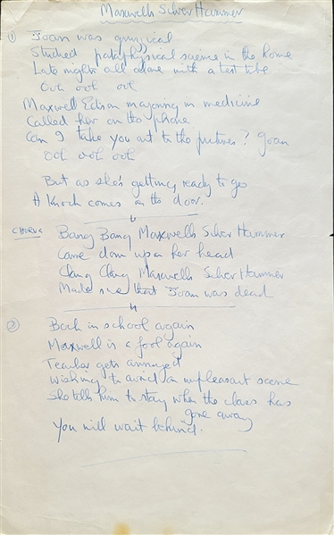 The Beatles “Maxwell’s Silver Hammer” Handwritten Lyrics by Mal Evans Used During “Get Back” Studio Sessions