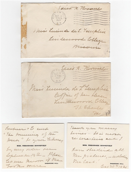 Pair of Edith Roosevelt (Mrs. Theodore Roosevelt) Handwritten & Signed Notecards and Envelopes 