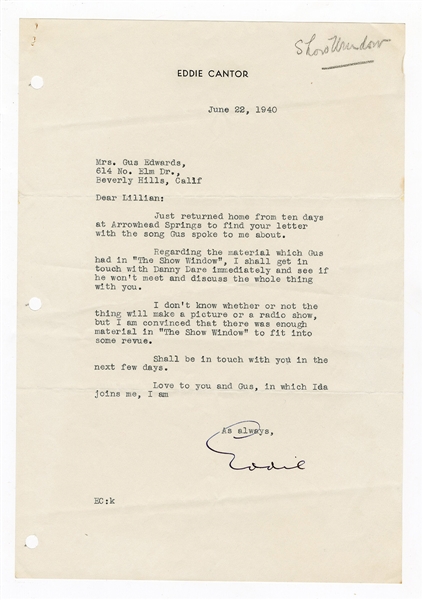 Eddie Cantor Typed Signed Letter