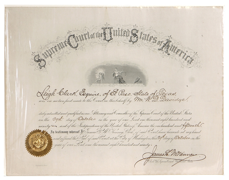 1890 Supreme Court of the United States Signed Appointment Certificate